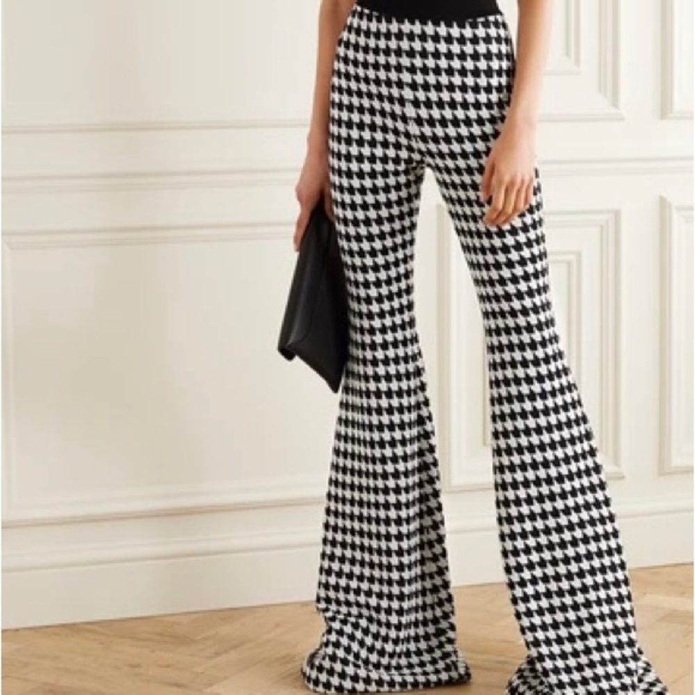 ✨NEW!✨ BALMAIN Houndstooth Stretch-Knit Flared Pants 34 XXS Black & White DYT T4